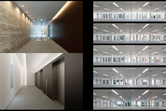 左：エントランスホール、右：基準階事務室　©株式会社 伸和