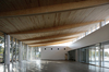 クリーンルーム：片持ち鉄骨コラム柱とオメガウッド工法の木大梁により14.3mの大スパン架構を実現　　©鳥村鋼一