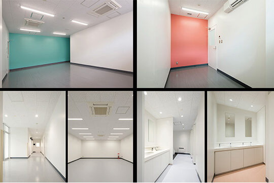 上段：男女ロッカー室、右下：男女トイレ、左下：玄関ホール ©横山写真工房