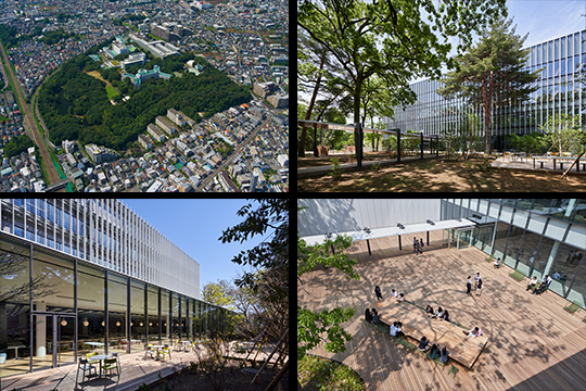 武蔵野の森の恵みを享受し、森を守る建築計画。森と建物の間にも協創スペースを整備。 ©吉村 昌也