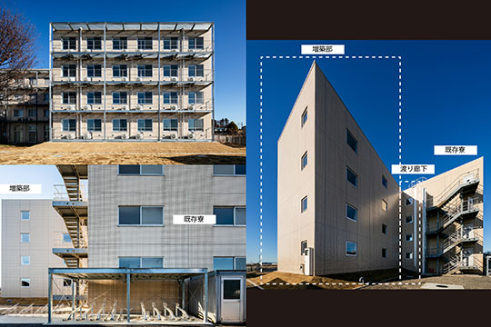 左上：増築部南面　左下：新設駐輪場　右：既存屋外階段横の渡り廊下と増築部北面 ©︎川澄・小林研二写真事務所
